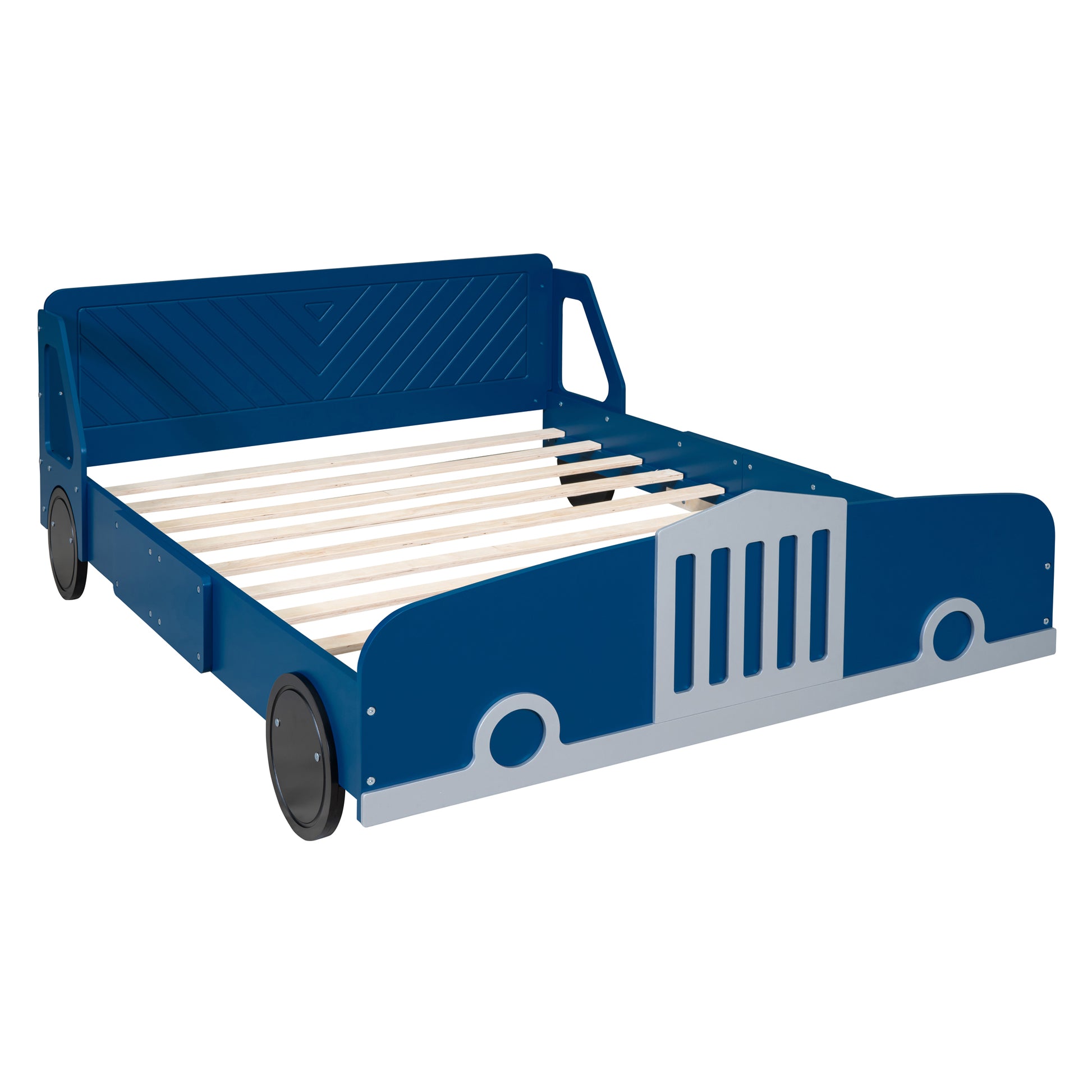 Full Size Car Shaped Platform Bed With Wheels,Blue Blue Plywood