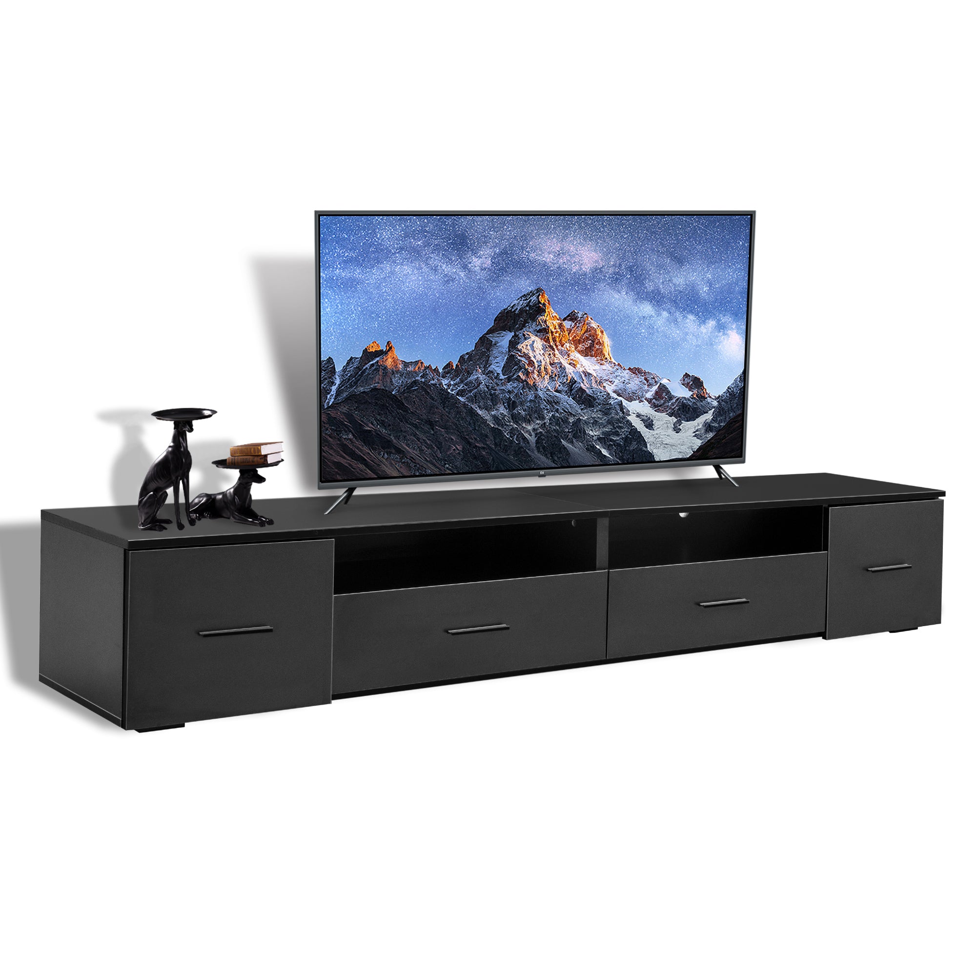 Black Tv Stand For Living Room, Modern Entertainment Center Stand For Tv Up To 90 Inch, Large Led Tv Stand With 4 Storage Drawers, High Glossy Waterproof Tv Console, Tv Table Media Furniture Black 90 Inches Or Larger Particle Board