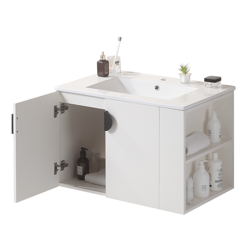 30" Bathroom Vanity With Sink,With Two Doors Cabinet Bathroom Vanity Set With Side Right Open Storage Shelf,Solid Wood,Excluding Faucets,White White Solid Wood