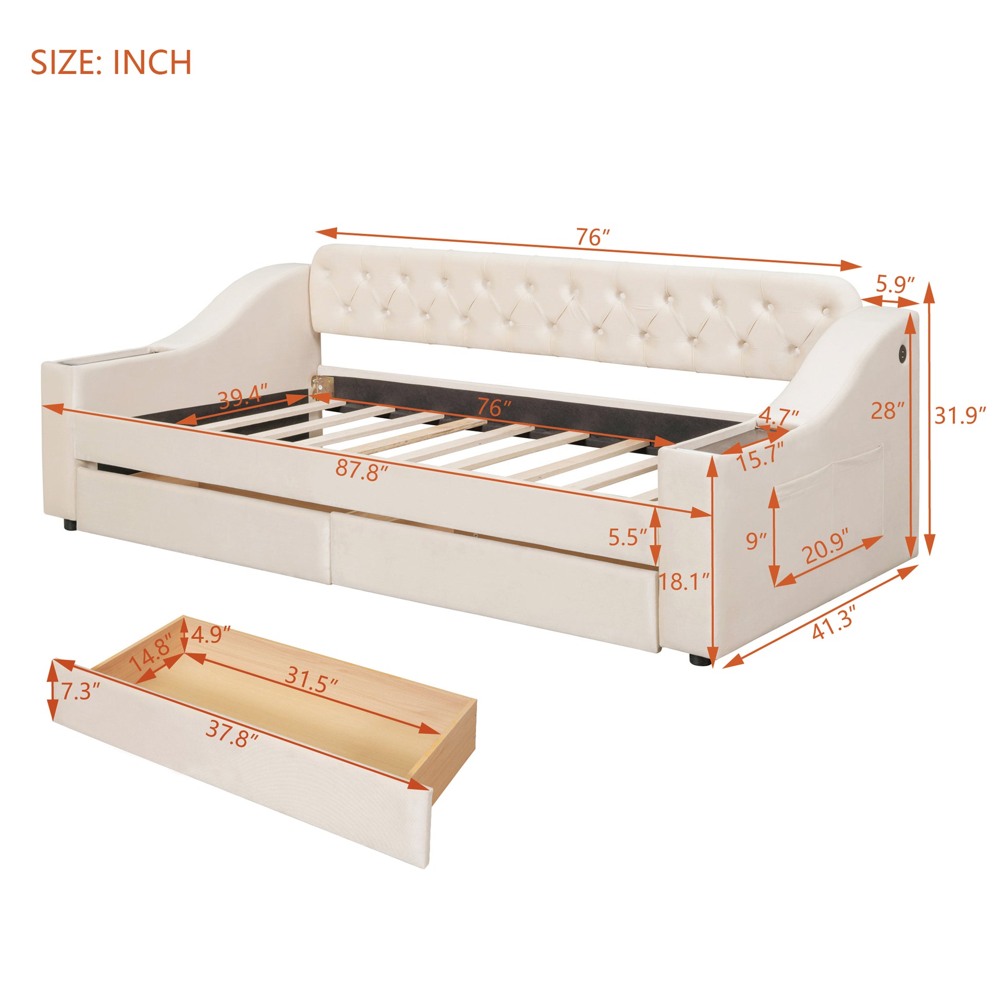 Twin Size Upholstered Daybed With Storage Armrests And Usb Port, Beige Beige Upholstered