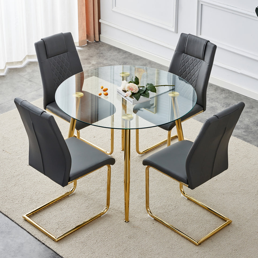 Table And Chair Set, Circular Dining Table, Glass Tabletop With A Diameter Of 40 Inches And Gold Plated Metal Legs, Paired With 4 Gray Pu Cushions And A Dining Chair With Gold Plated Metal Legs. Golden Metal