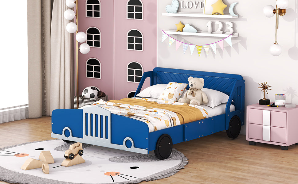 Full Size Car Shaped Platform Bed With Wheels,Blue Blue Plywood