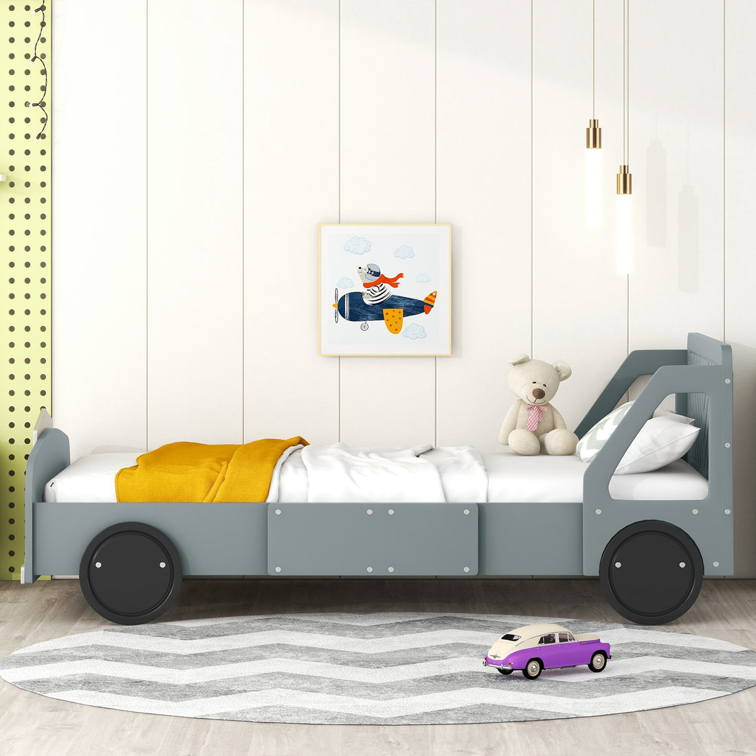 Twin Size Car Shaped Platform Bed With Wheels,Gray Gray Plywood