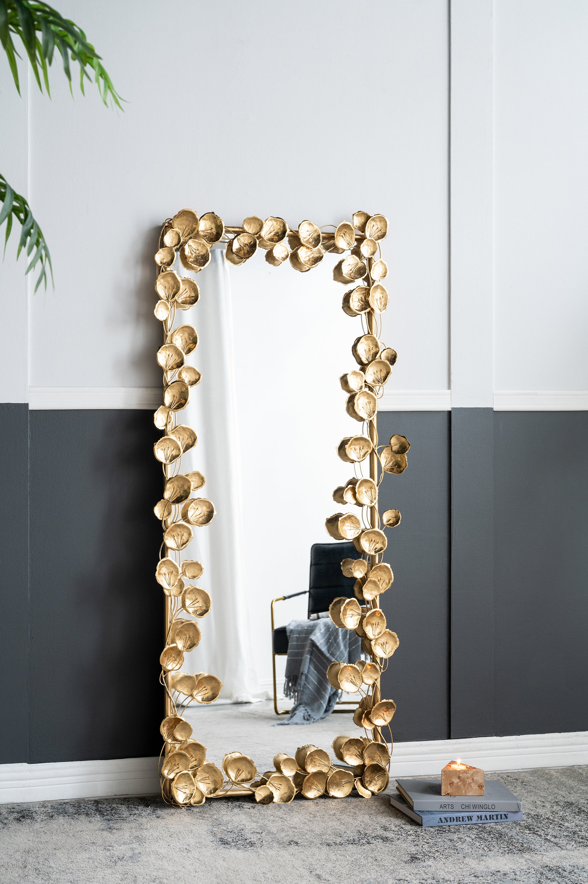 61" X 31" Full Length Mirror With Golden Leaf Accents, Floor Miiror For Living Room Bedroom Gold Iron