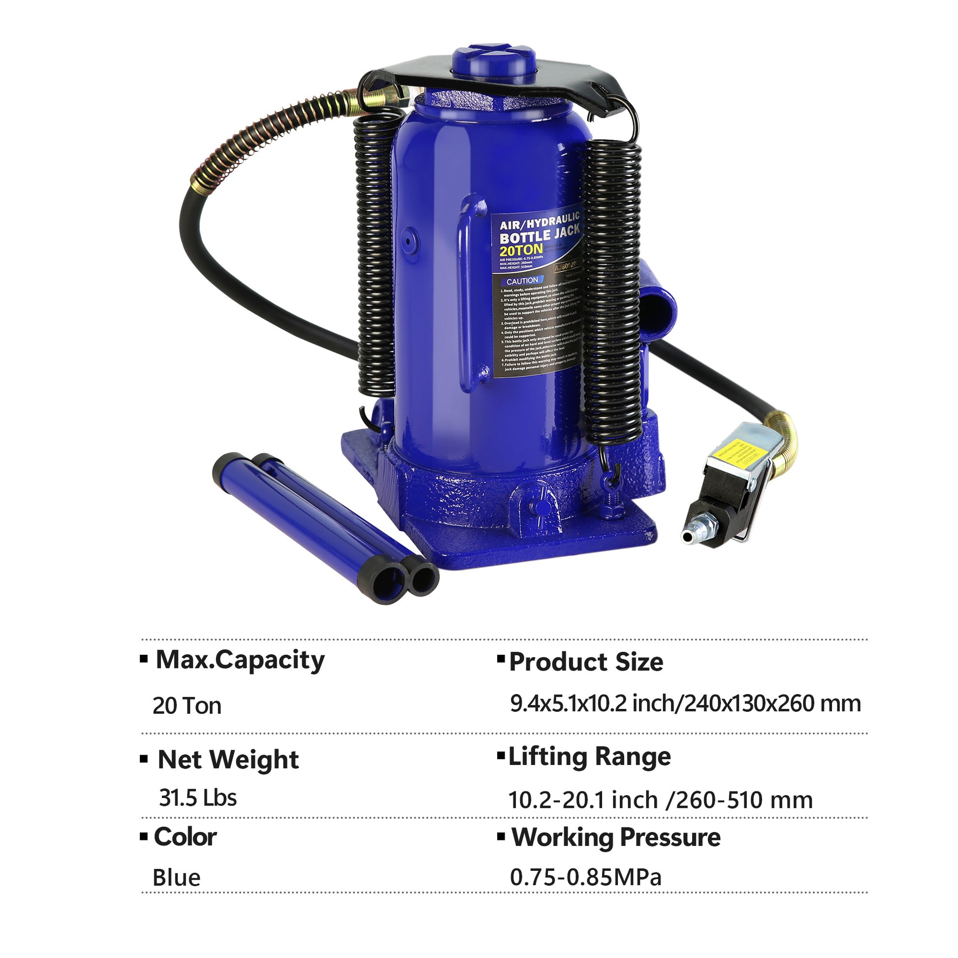 20 Ton Pneumatic Air Hydraulic Bottle Jack With Manual Hand Pump Heavy Duty Auto Truck Travel Trailer Repair Lift Blue Steel