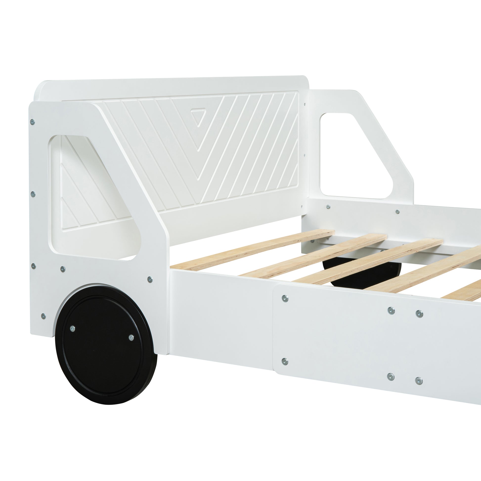 Full Size Car Shaped Platform Bed With Wheels,White White Plywood