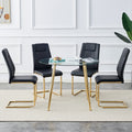 Table And Chair Set. Round Dining Table, Glass Tabletop With A Diameter Of 40 Inches, And Gold Plated Metal Legs, Paired With 4 Black Pu Cushions And A Dining Chair With Gold Plated Metal Feet. Dt1164 Golden Metal