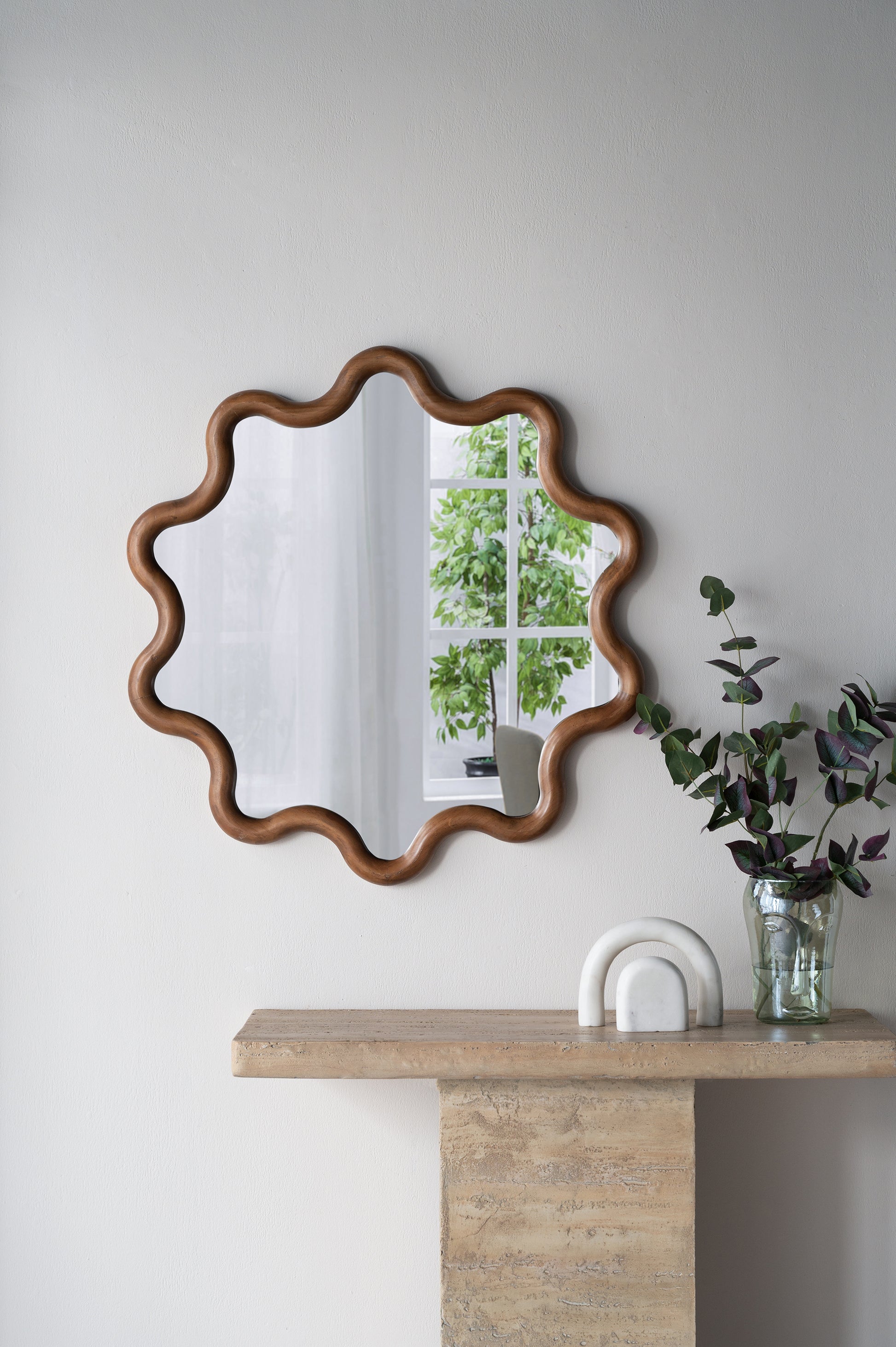 31" X 30" Wooden Accent Mirror With Unique Frame, Wall Mirror For Living Room Bedroom Entryway Brown Pine