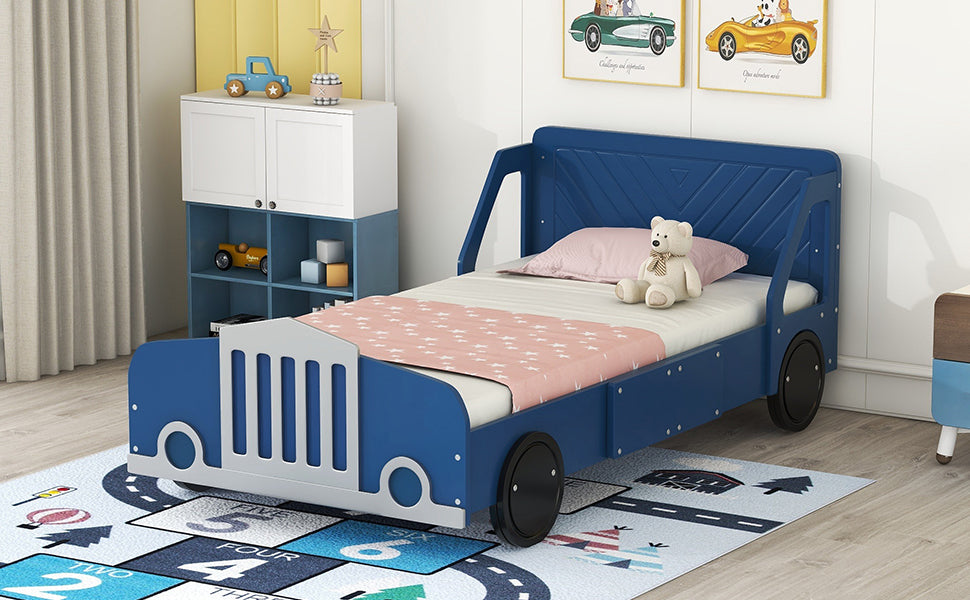 Twin Size Car Shaped Platform Bed With Wheels,Blue Blue Plywood