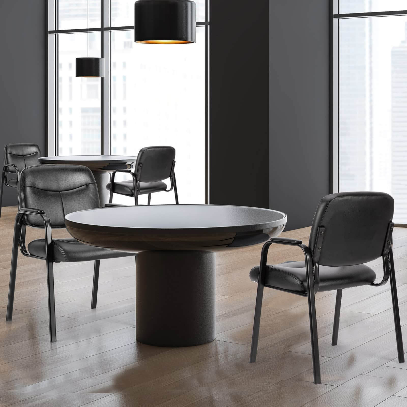 Leather Conference Room Chairs With Padded Arms,2P Black Iron