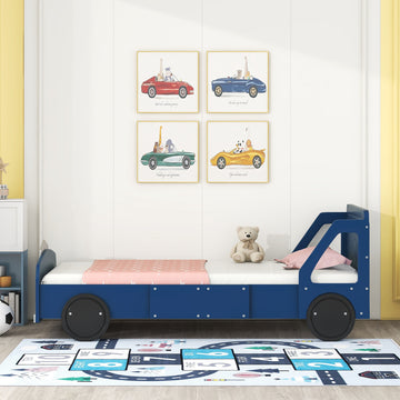 Twin Size Car Shaped Platform Bed With Wheels,Blue Blue Plywood