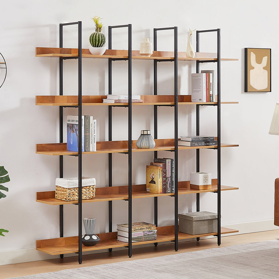 5 Tier Bookcase Home Office Open Bookshelf, Vintage Industrial Style Shelf, Mdf Board, Black Metal Frame, Brown Black Brown Mdf Steel