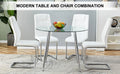 Table And Chair Set. 1 Table 4 Chairs Set A Circular Dining Table With A 40 Inch Diameter Glass Tabletop And Electroplated Metal Legs. 4 White Pu Chairs Dt 1164 001 Transparent Seats 4 Glass