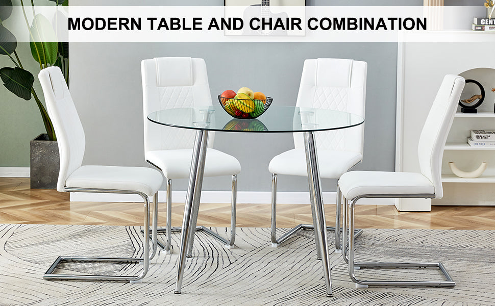 Table And Chair Set. 1 Table 4 Chairs Set A Circular Dining Table With A 40 Inch Diameter Glass Tabletop And Electroplated Metal Legs. 4 White Pu Chairs Dt 1164 001 Transparent Seats 4 Glass