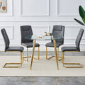 Table And Chair Set, Circular Dining Table, Glass Tabletop With A Diameter Of 40 Inches And Gold Plated Metal Legs, Paired With 4 Gray Pu Cushions And A Dining Chair With Gold Plated Metal Legs. Golden Metal