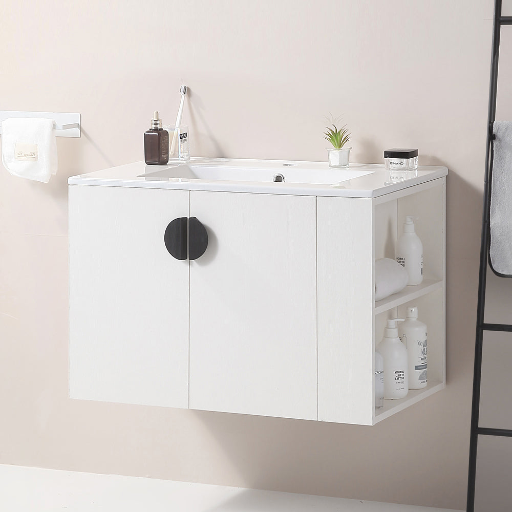 30" Bathroom Vanity With Sink,With Two Doors Cabinet Bathroom Vanity Set With Side Right Open Storage Shelf,Solid Wood,Excluding Faucets,White White Solid Wood