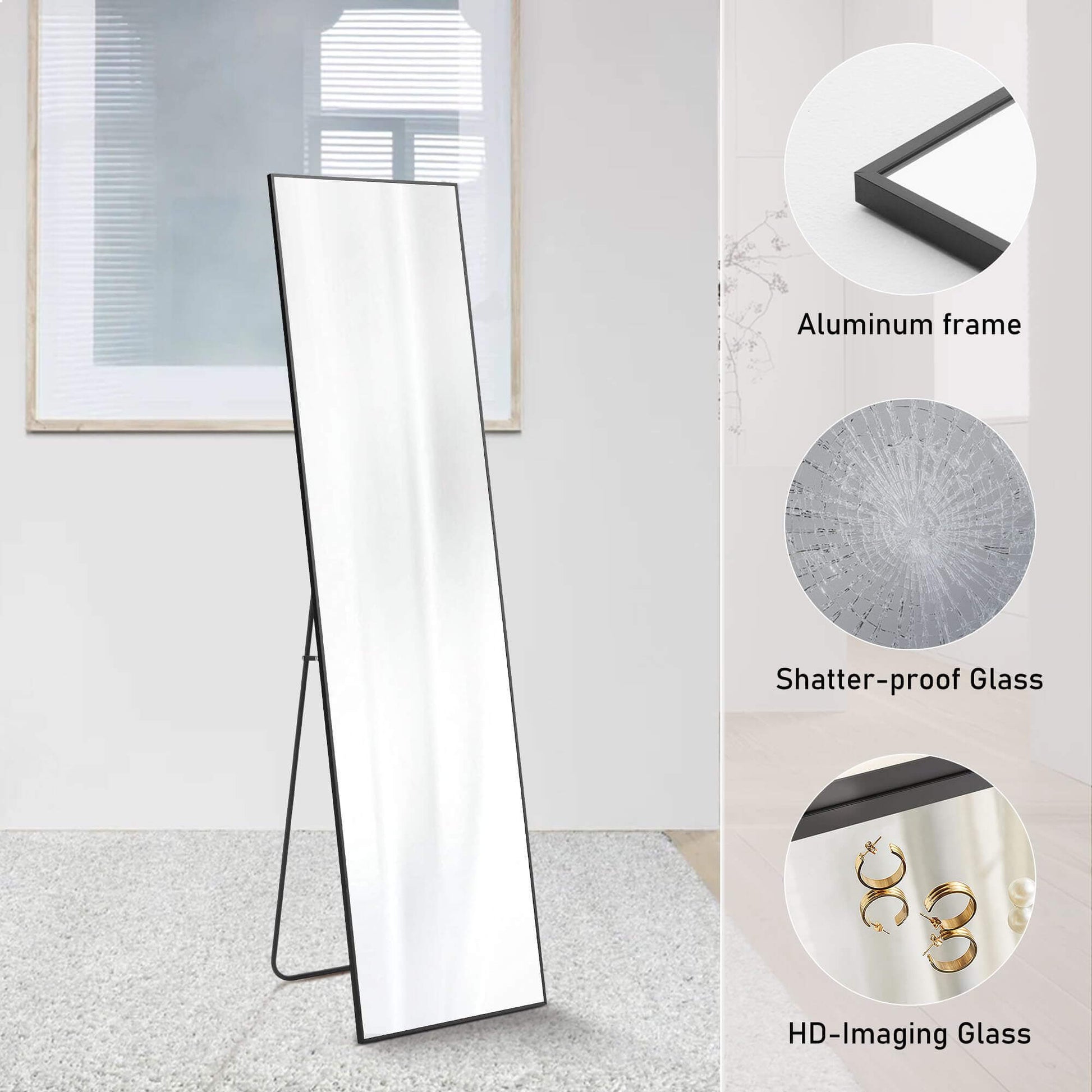 Floor Standing Mirror, Wall Mirror With Stand Aluminum Alloy Thin Frame,21''*64'',Black Rect Black Fiberglass