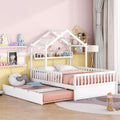 Wooden Full Size House Bed With Twin Size Trundle,Kids Bed With Shelf,White White Wood