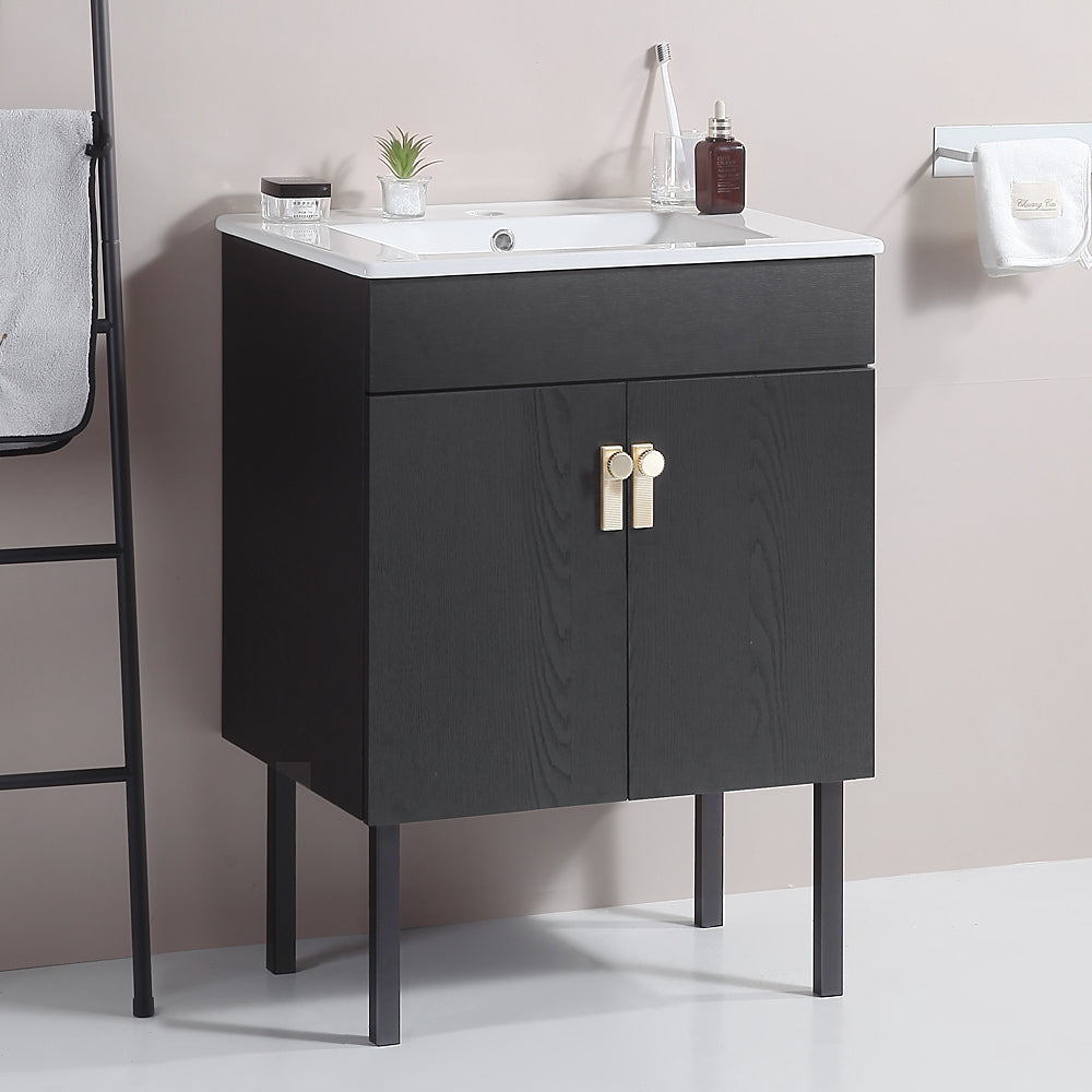 24" Bathroom Vanity With Metal Leg,With White Ceramic Basin,Two Soft Close Cabinet Doors, Solid Wood,Excluding Faucets,Black Black Solid Wood