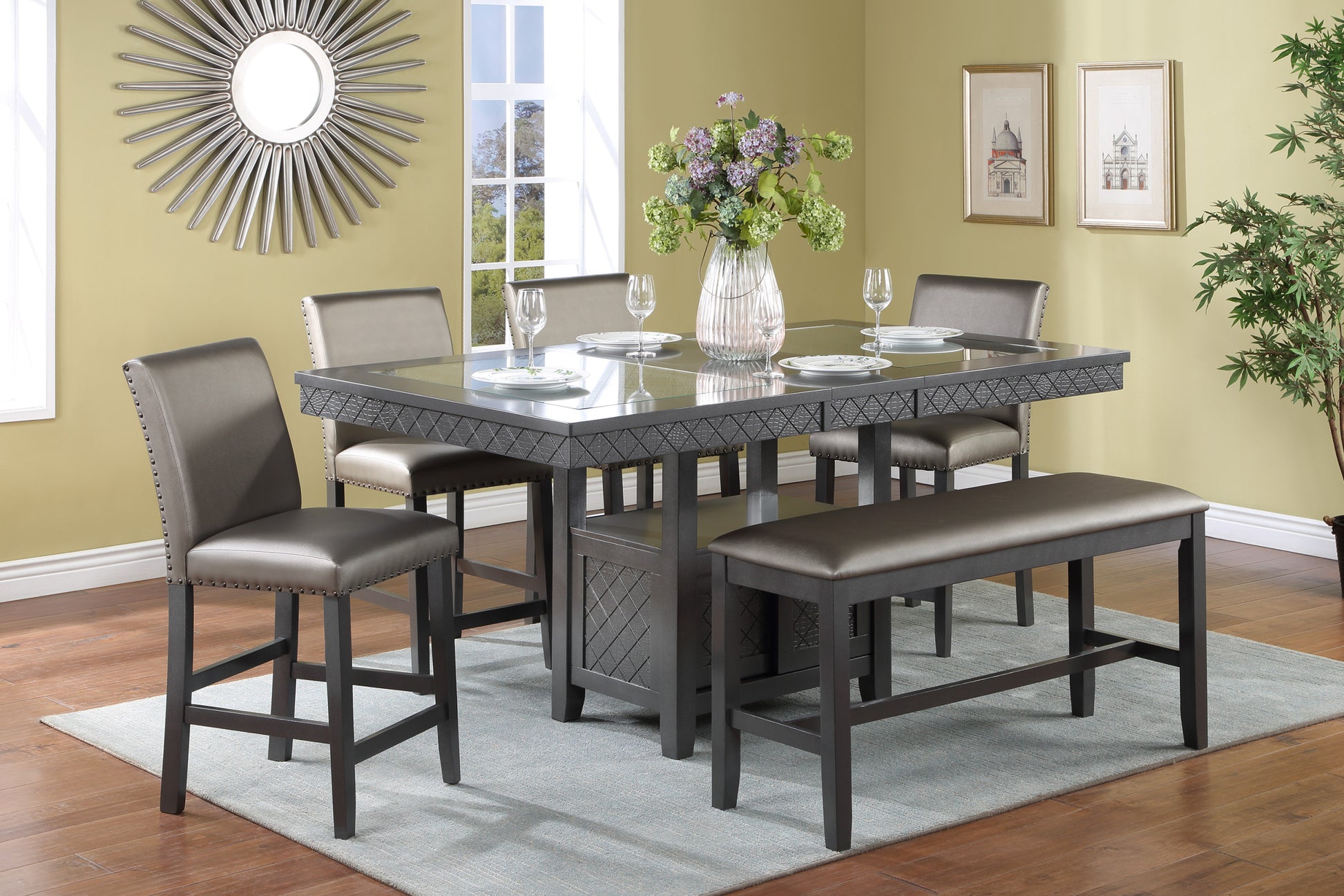 1Pc Transitional Counter Height Dining 12" Leaf Table With Storage Underneath Sliding Door Glass Wooden Dining Room Table Furniture Gunmetal & Brown Finish Gunmetal Brown Dining Room Transitional Rectangular Wood