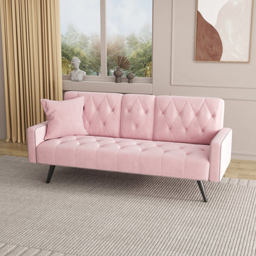1730 Sofa Bed Armrest With Nail Head Trim With Two Cup Holders 72" Pink Velvet Sofa For Small Spaces Pink Altay Velvet