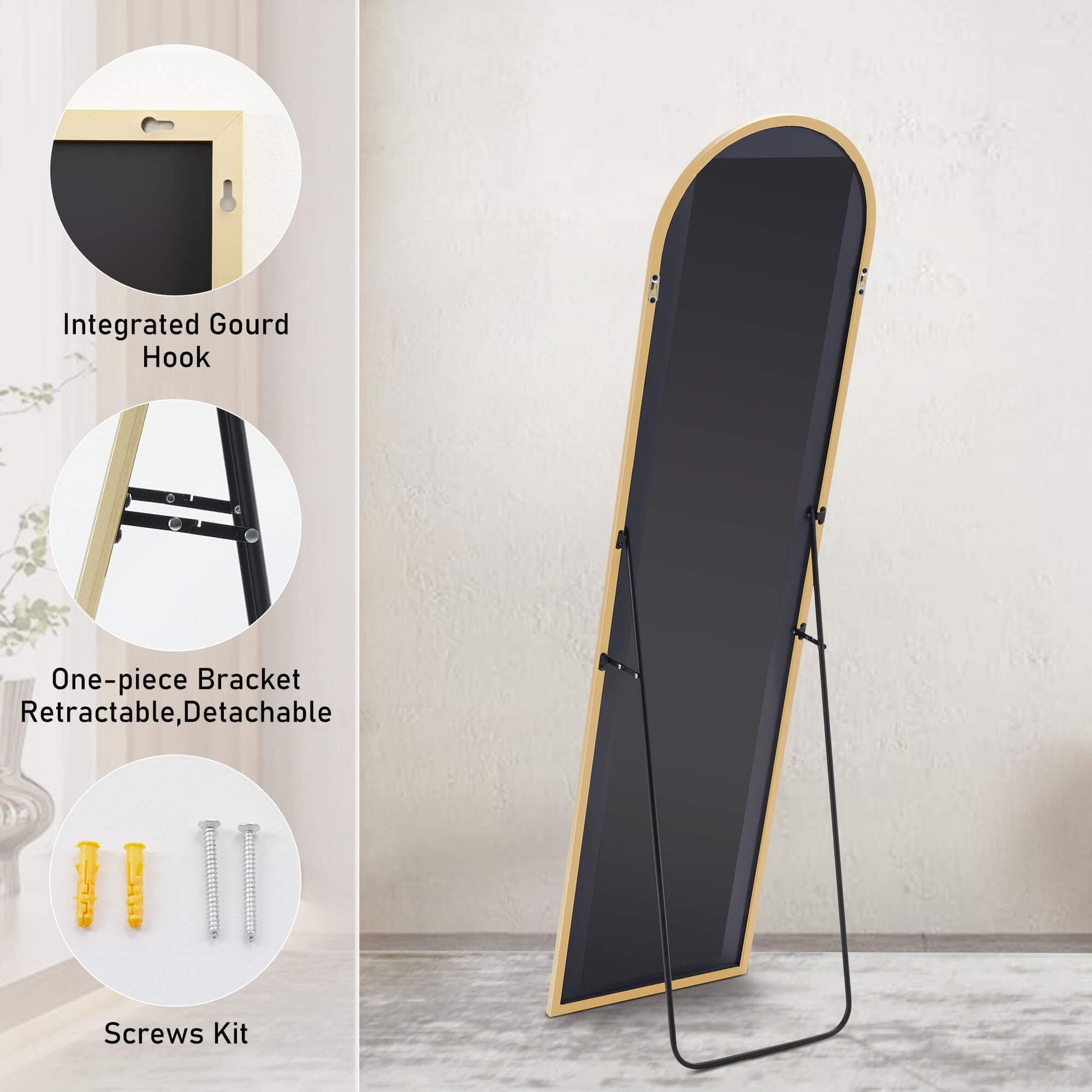 Floor Standing Mirror, Wall Mirror With Stand Aluminum Alloy Thin Frame,21''*64'',Gold Arched Gold Fiberglass