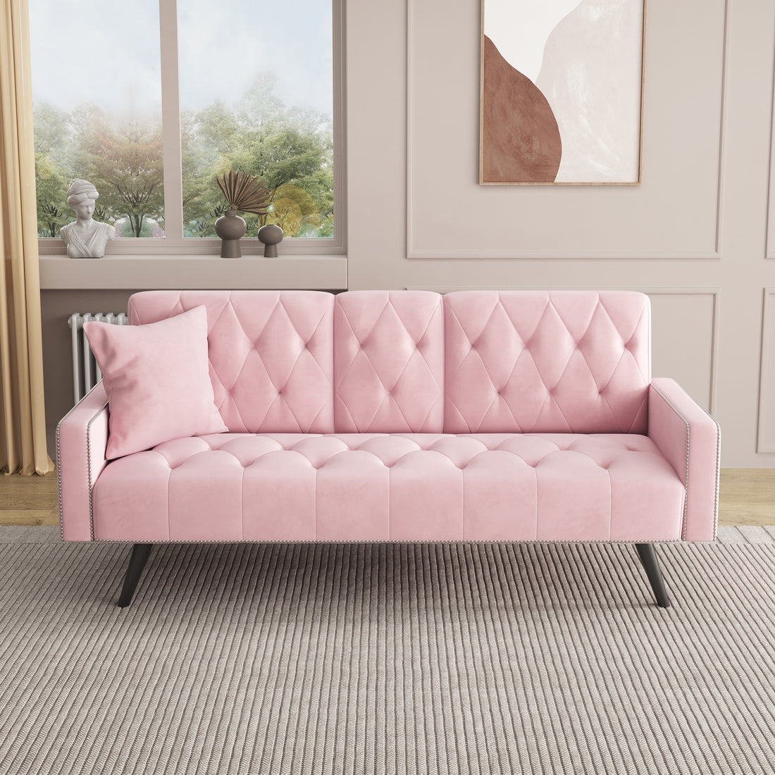 1730 Sofa Bed Armrest With Nail Head Trim With Two Cup Holders 72" Pink Velvet Sofa For Small Spaces Pink Altay Velvet