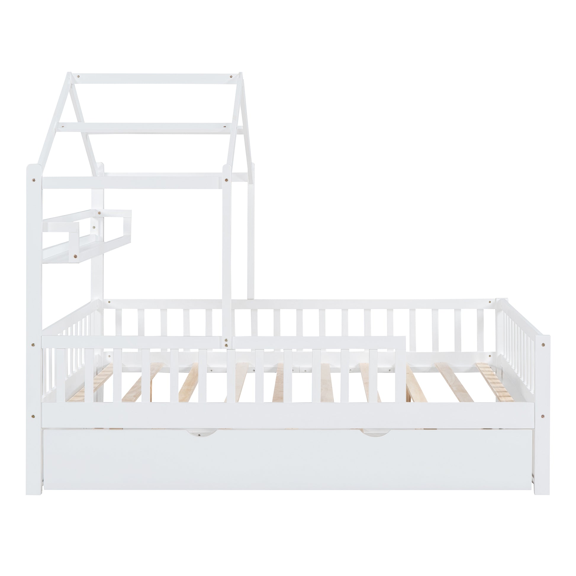 Wooden Full Size House Bed With Twin Size Trundle,Kids Bed With Shelf,White White Wood