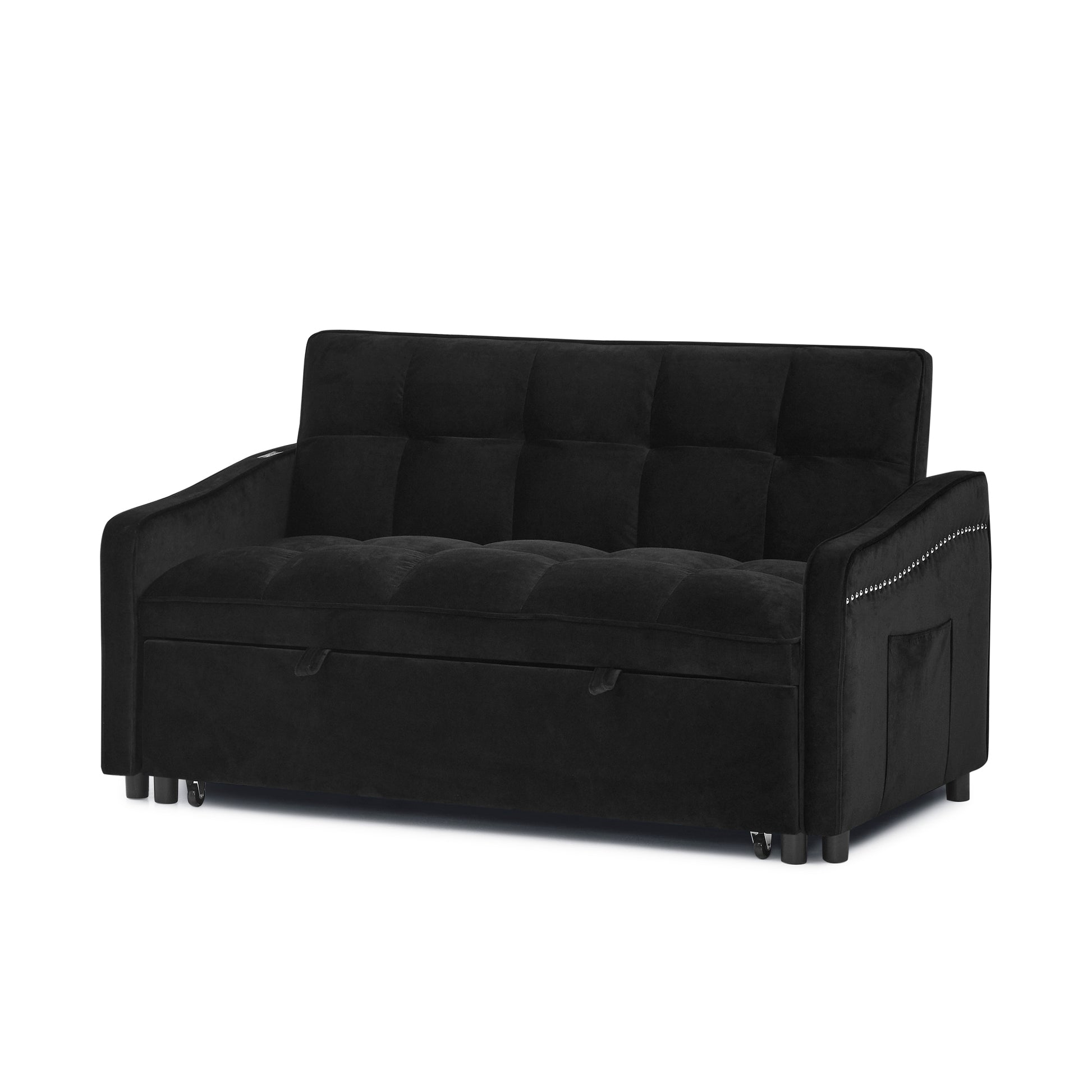 Loveseats Sofa Bed With Pull Out Bed,Adjsutable Back And Two Arm Pocket,Typec And Usb Charging With Copper Nail,Black 47"X53"X31" Black Velvet Classic,Contemporary,Luxury,Mid Century Modern,Modern Foam