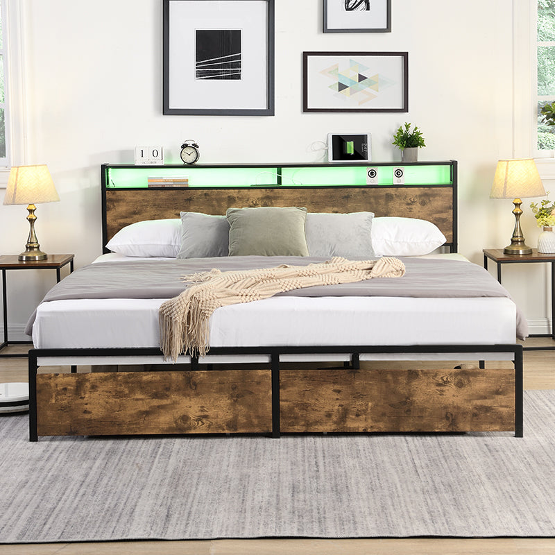 Full Bed Frame, Storage Headboard With Charging Station, Solid And Stable, Noise Free, No Box Spring Needed, Easy Assembly Full Dark Brown Metal Bedroom Bed Frame Metal & Wood