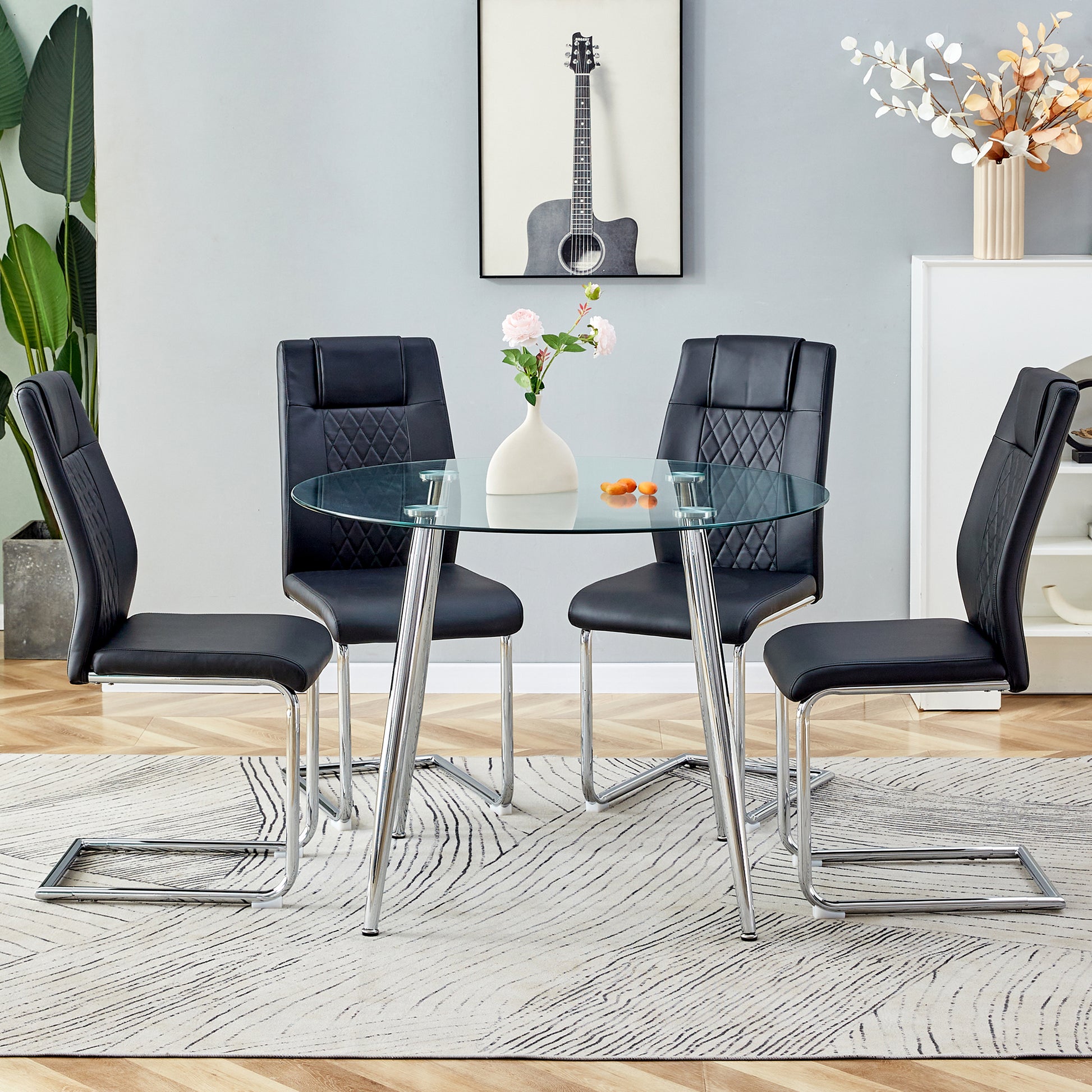 Table And Chair Set. 1 Table 4 Black Chairs Round Dining Table With A 40 Inch Diameter Glass Tabletop And Silver Plated Metal Legs. 4 Black Pu Chairs Dt 1164 001 Transparent Seats 4 Glass