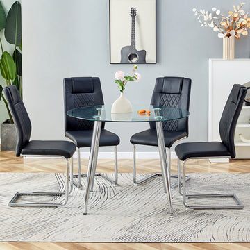 Table And Chair Set. 1 Table 4 Black Chairs Round Dining Table With A 40 Inch Diameter Glass Tabletop And Silver Plated Metal Legs. 4 Black Pu Chairs Dt 1164 001 Transparent Seats 4 Glass