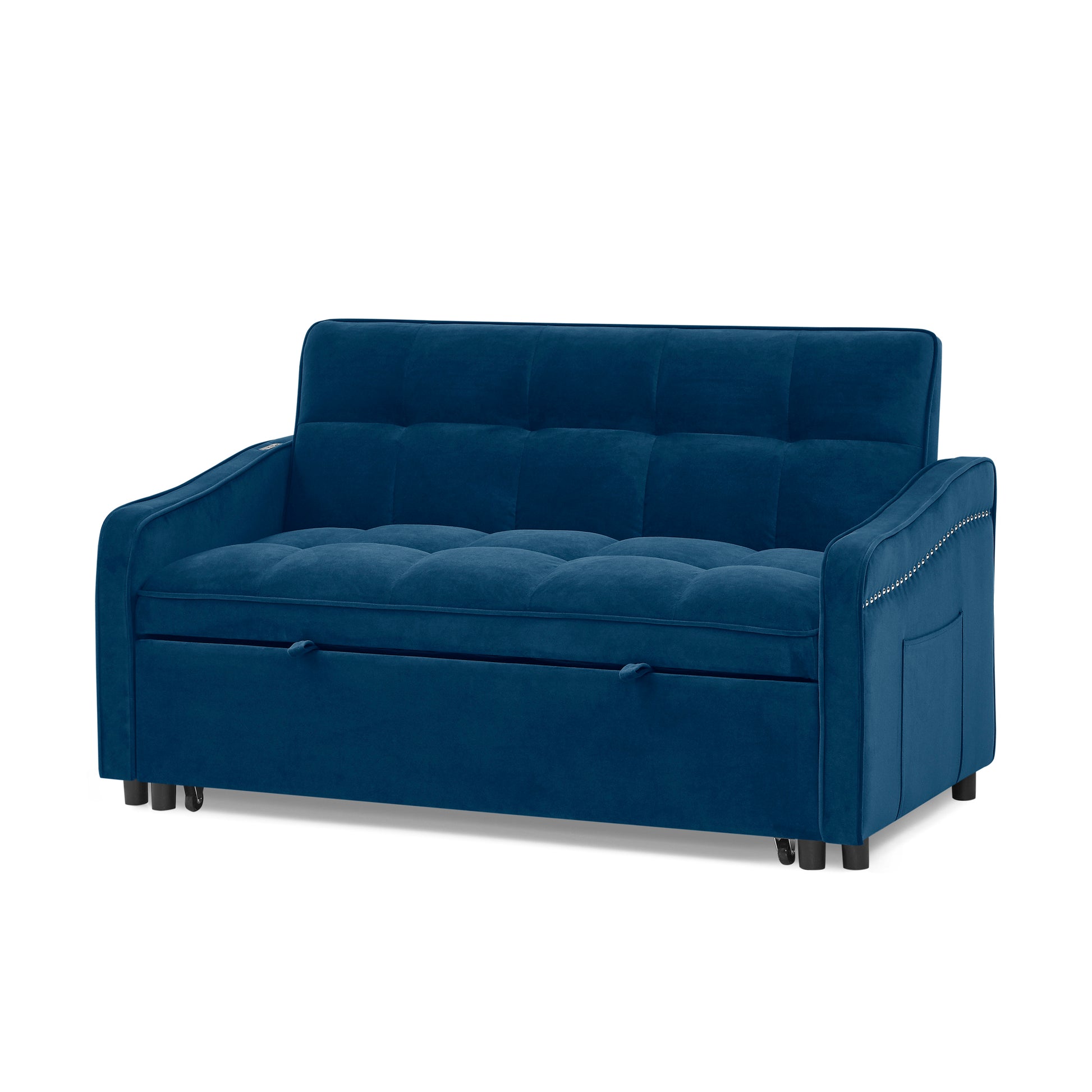 Loveseats Sofa Bed With Pull Out Bed,Adjsutable Back And Two Arm Pocket,Typec And Usb Charging With Copper Nail,Blue 47"X53"X31" Blue Velvet Artsy,Classic,Contemporary,Glam,Luxury Foam