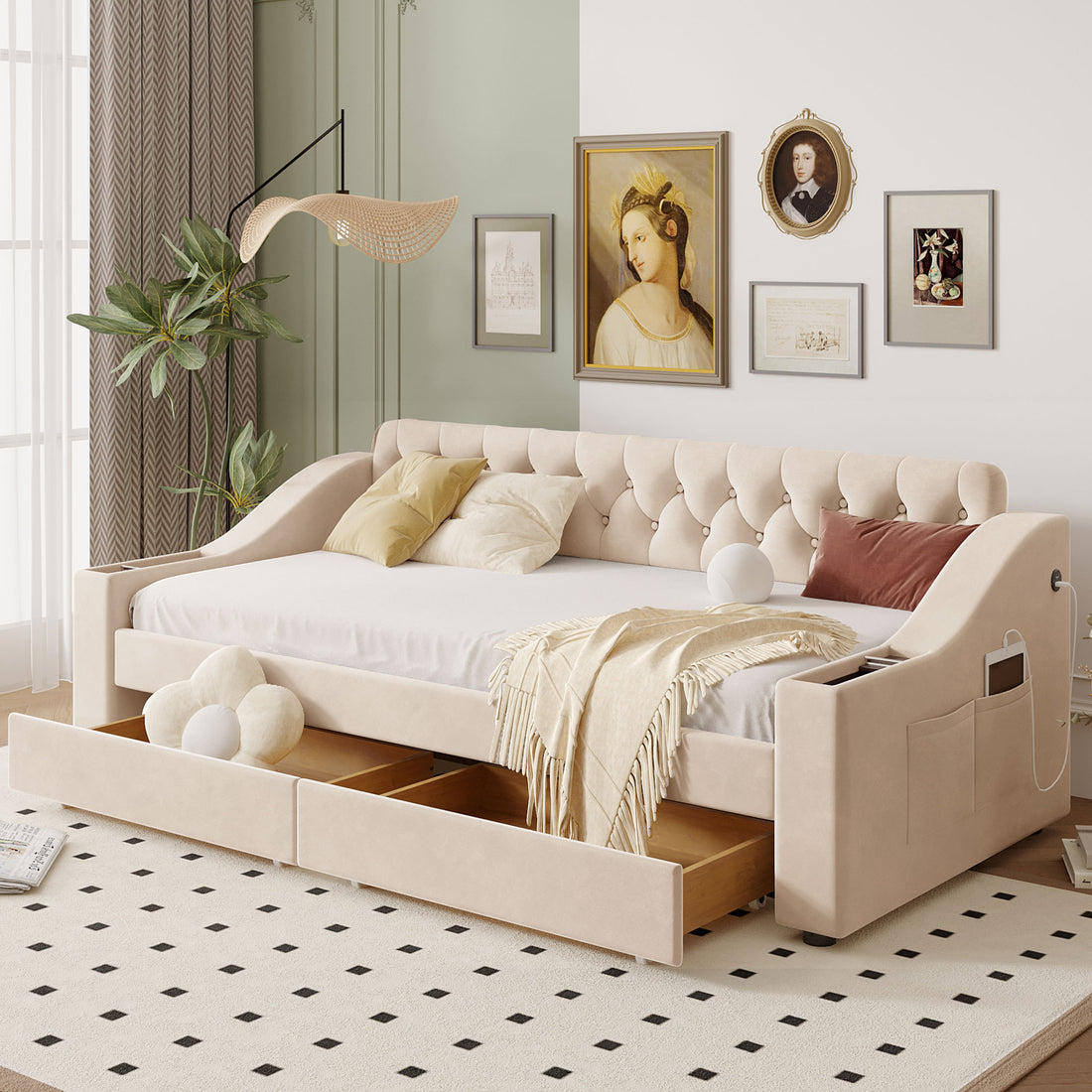 Twin Size Upholstered Daybed With Storage Armrests And Usb Port, Beige Beige Upholstered