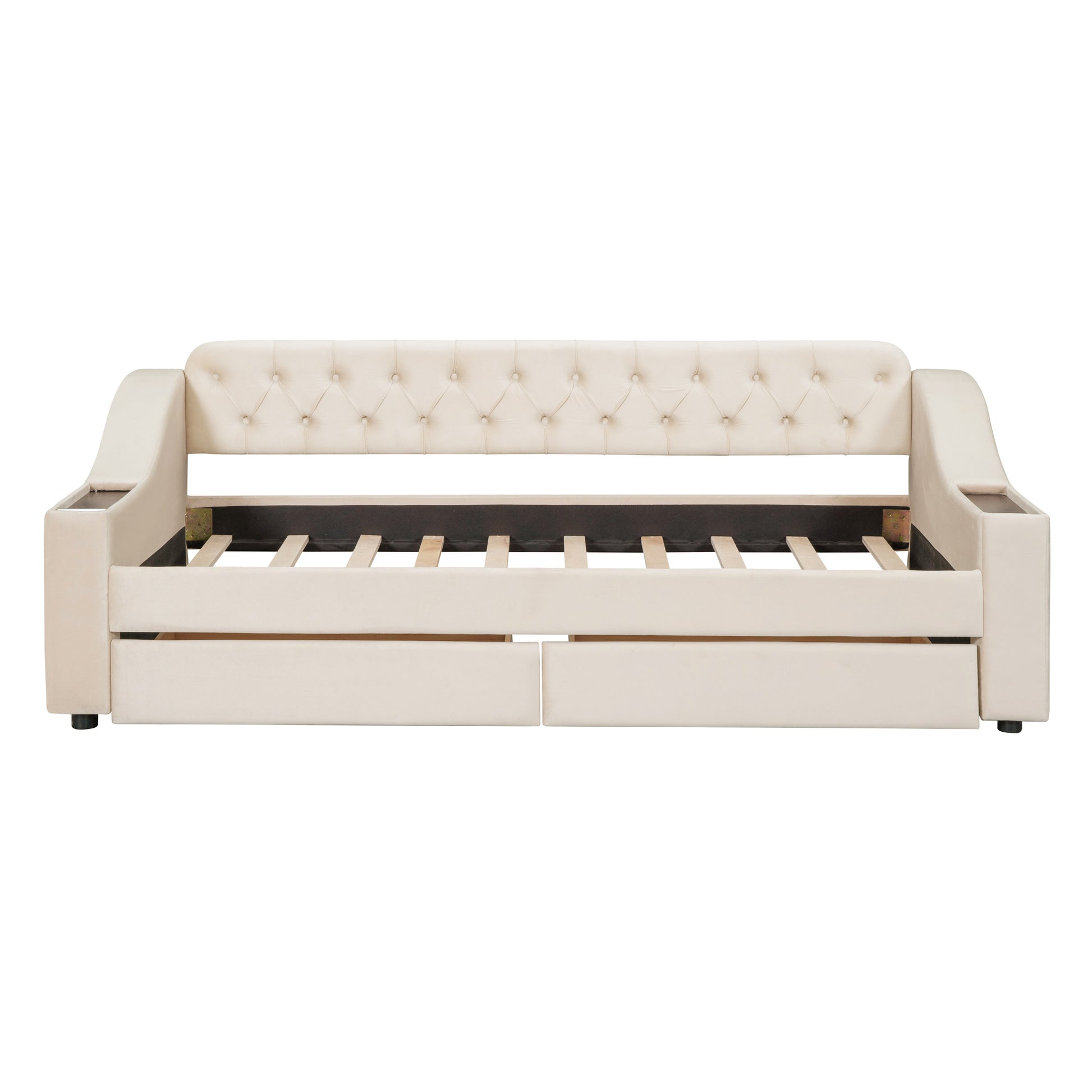 Twin Size Upholstered Daybed With Storage Armrests And Usb Port, Beige Beige Upholstered