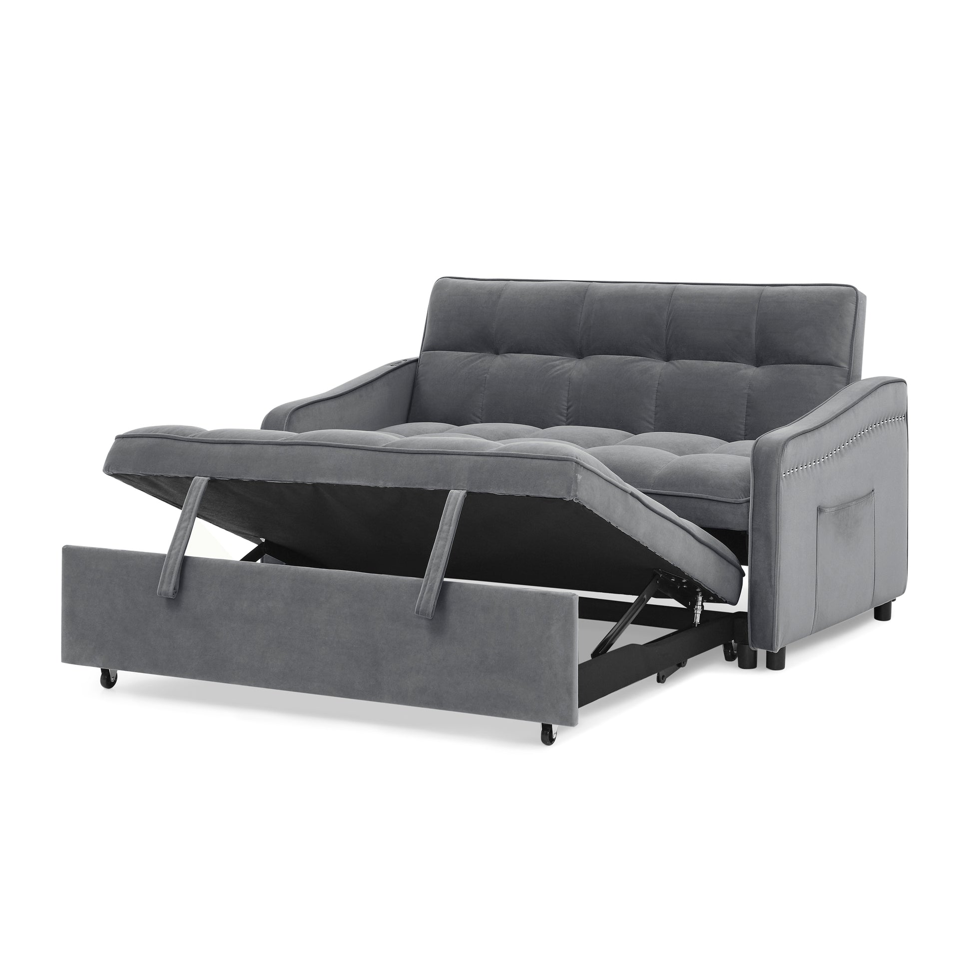 Loveseats Sofa Bed With Pull Out Bed,Adjsutable Back And Two Arm Pocket,Typec And Usb Charging With Copper Nail,Grey 47"X53"X31" Grey Velvet Classic,Contemporary,Glam,Luxury,Mid Century Modern Foam