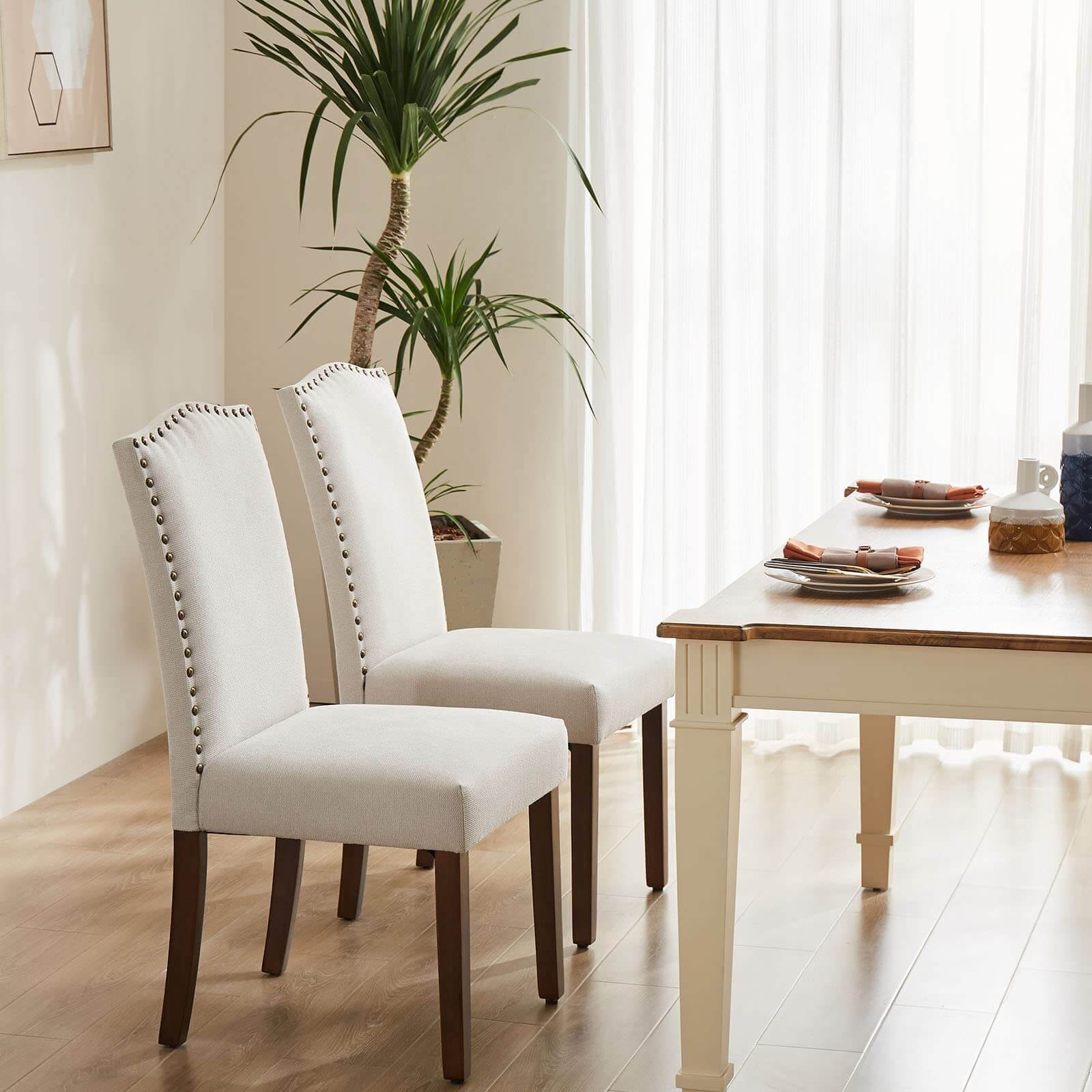 Modern Armless Dining Chairs With Upholstered Fabric,Beige,2P Beige Wood