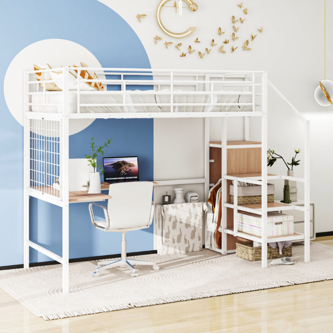 Full Size Metal Loft Bed With Desk And Metal Grid, Stylish Metal Frame Bed With Lateral Storage Ladder And Wardrobe, White White Metal