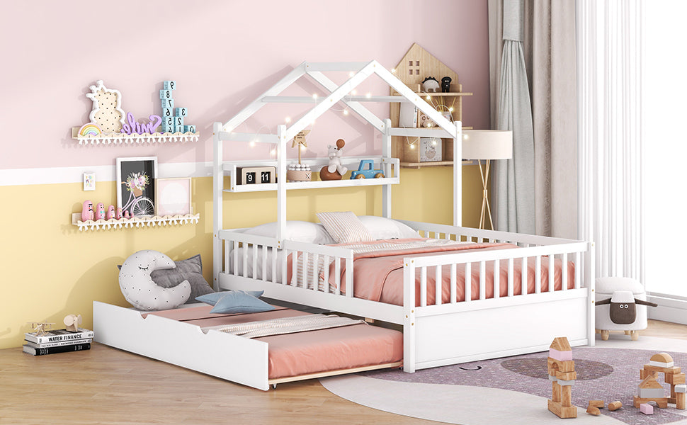 Wooden Full Size House Bed With Twin Size Trundle,Kids Bed With Shelf,White White Wood