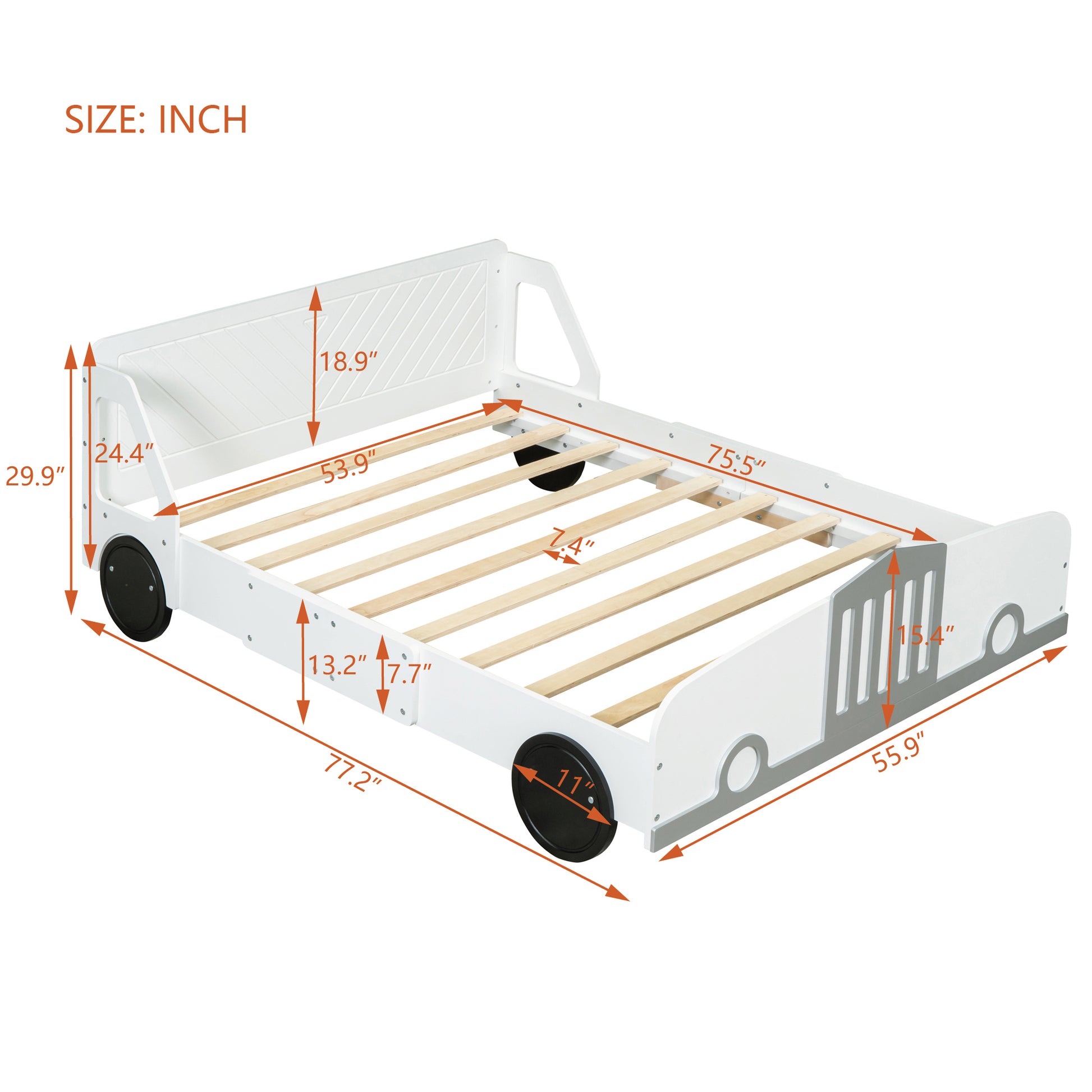 Full Size Car Shaped Platform Bed With Wheels,White White Plywood