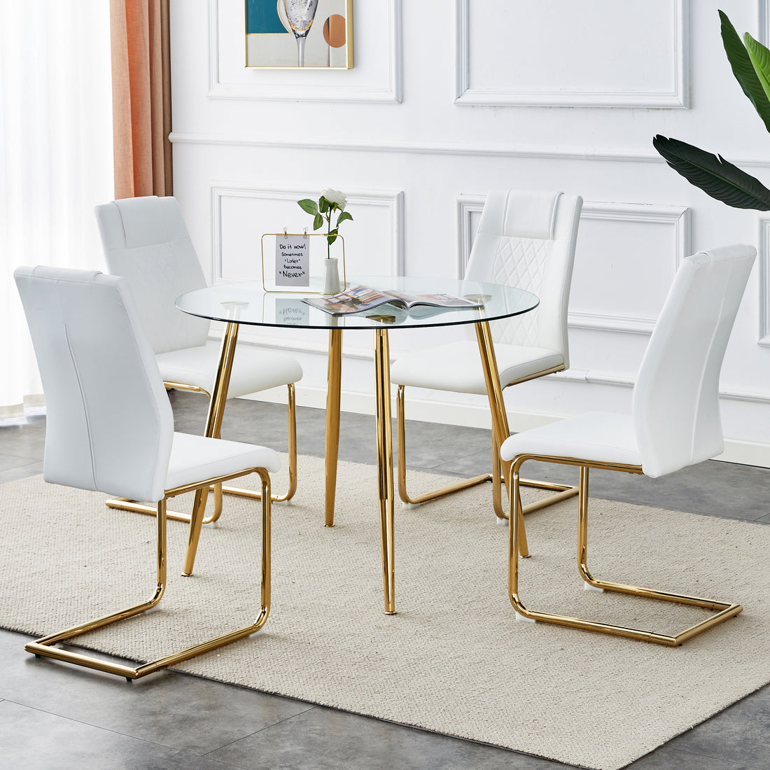 Table And Chair Set, Circular Dining Table, Glass Tabletop With A Diameter Of 40 Inches And Gold Plated Metal Legs, Paired With 4 White Pu Cushions And Gold Plated Metal Foot Dining Chairs. Dt 1164