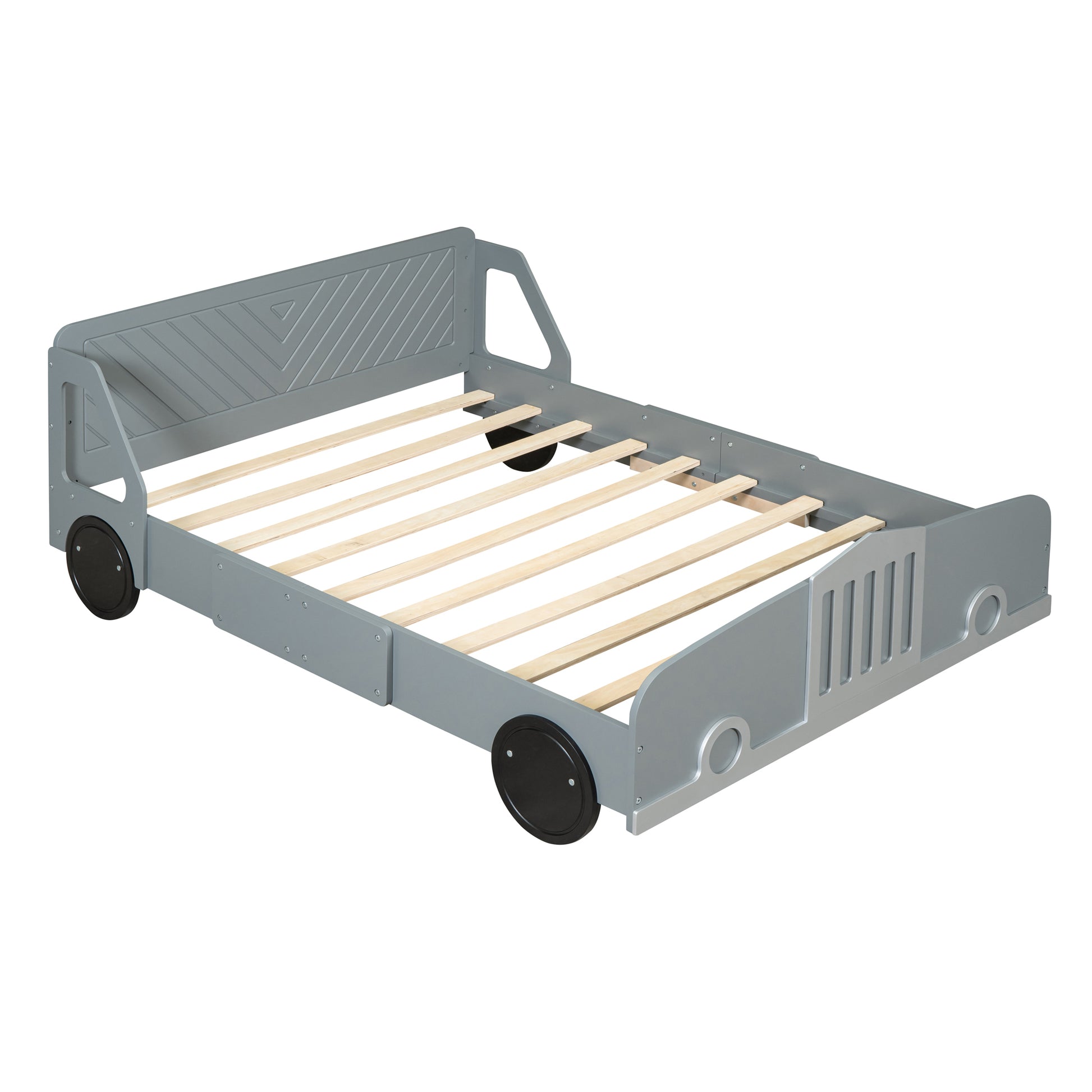 Full Size Car Shaped Platform Bed With Wheels,Gray Gray Plywood