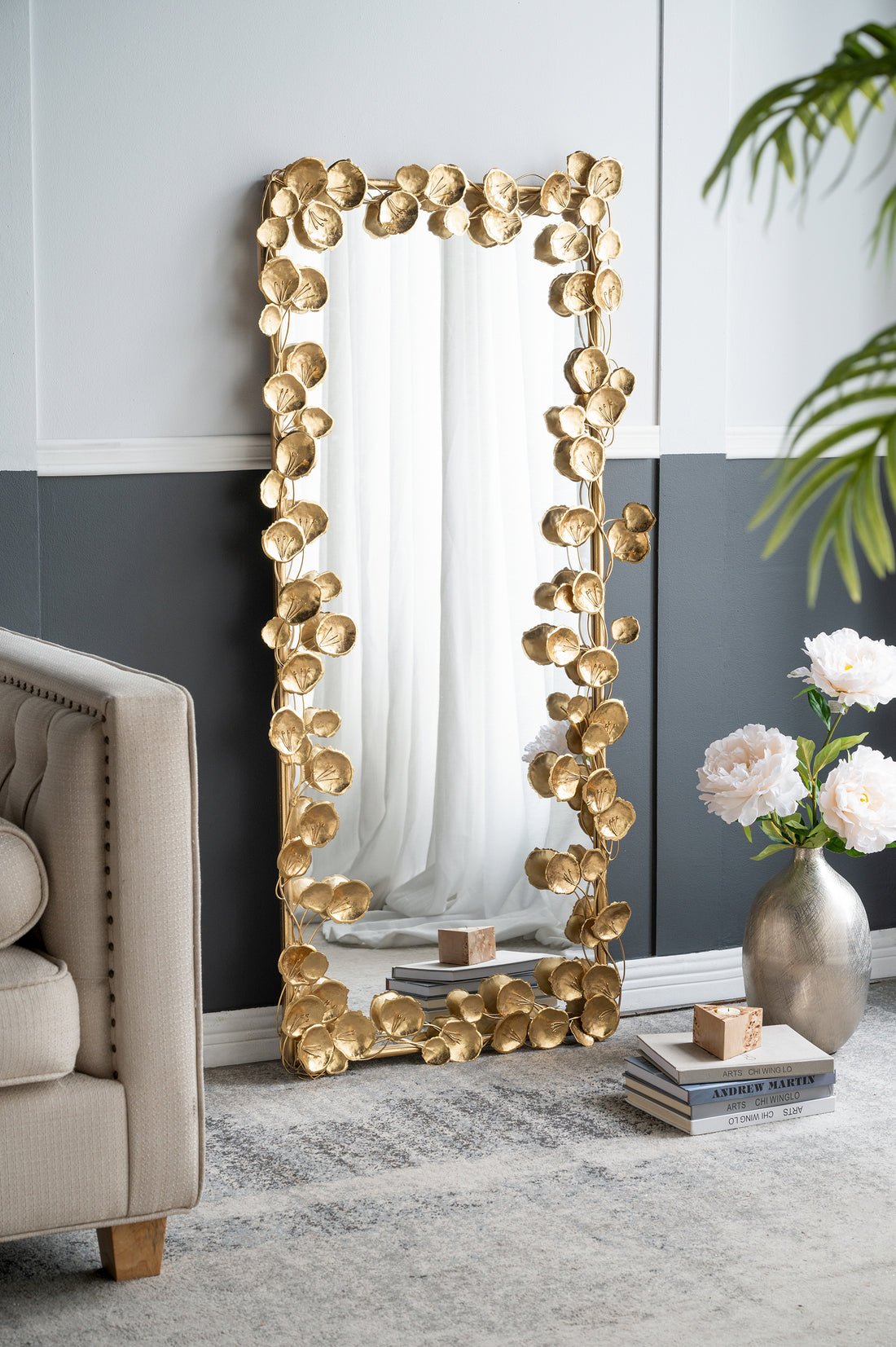 61" X 31" Full Length Mirror With Golden Leaf Accents, Floor Miiror For Living Room Bedroom Gold Iron