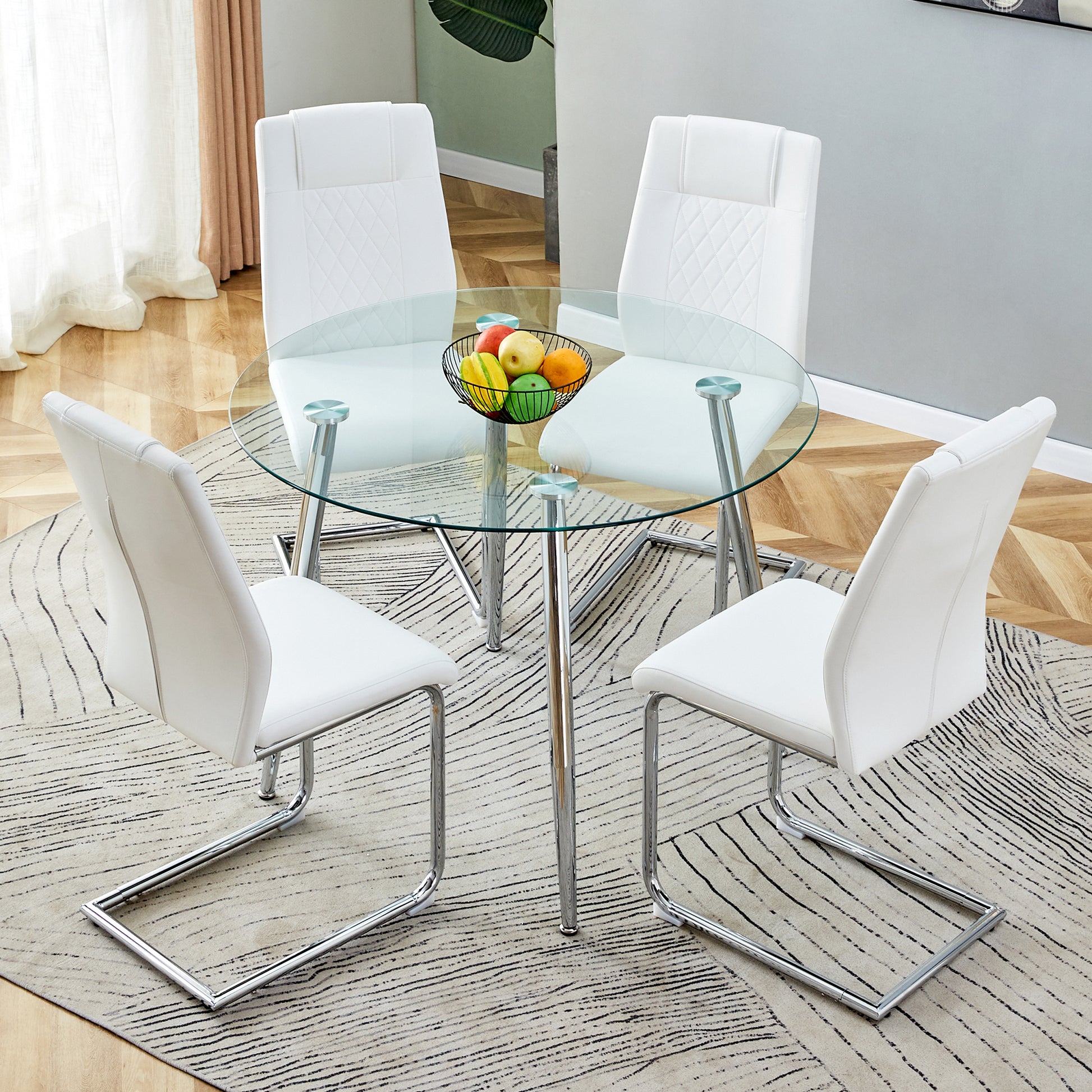 Table And Chair Set. 1 Table 4 Chairs Set A Circular Dining Table With A 40 Inch Diameter Glass Tabletop And Electroplated Metal Legs. 4 White Pu Chairs Dt 1164 001 Transparent Glass