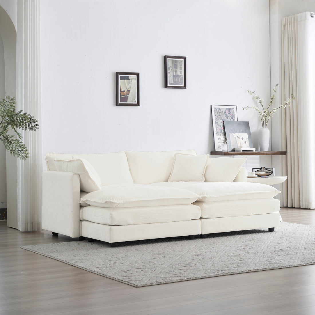 4 Piece Upholstered Sectional Sofa, 1 Piece Of 2 Seater Sofa And 2 Piece Of Ottomans2 Seater Loveseat Lounge With Ottomanswhite Chenille White Chenille 2 Seat