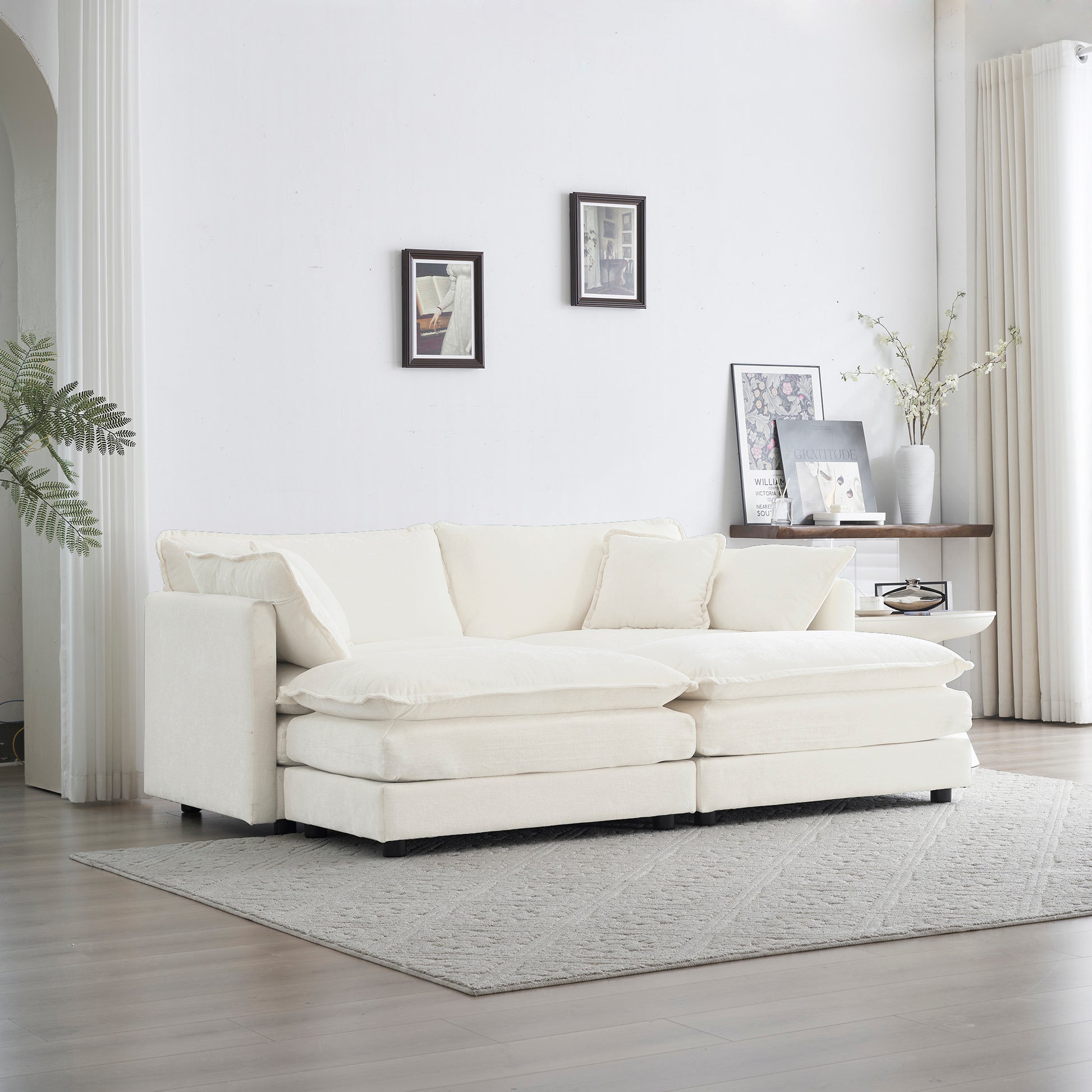 4 Piece Upholstered Sectional Sofa, 1 Piece Of 2 Seater Sofa And 2 Piece Of Ottomans2 Seater Loveseat Lounge With Ottomanswhite Chenille White Chenille 2 Seat