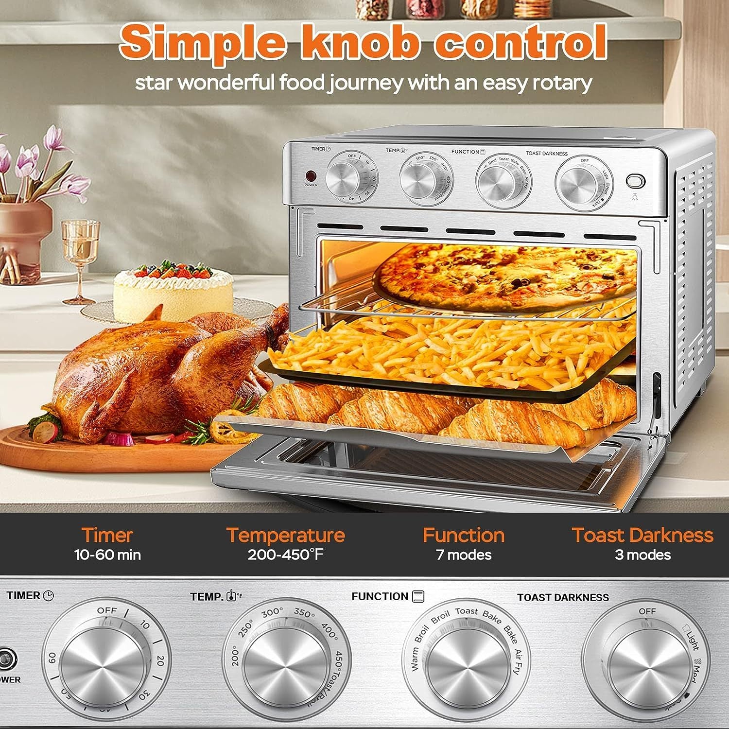 Geek Chef 6 Slice 26Qt 26L Air Fryer Fry Oil Free, Extra Large Toaster Oven Combo, Air Fryer Oven, Roast, Bake, Broil,Convection Countertop Oven, Accessories Included, Stainless St Ban On Silver Stainless Steel