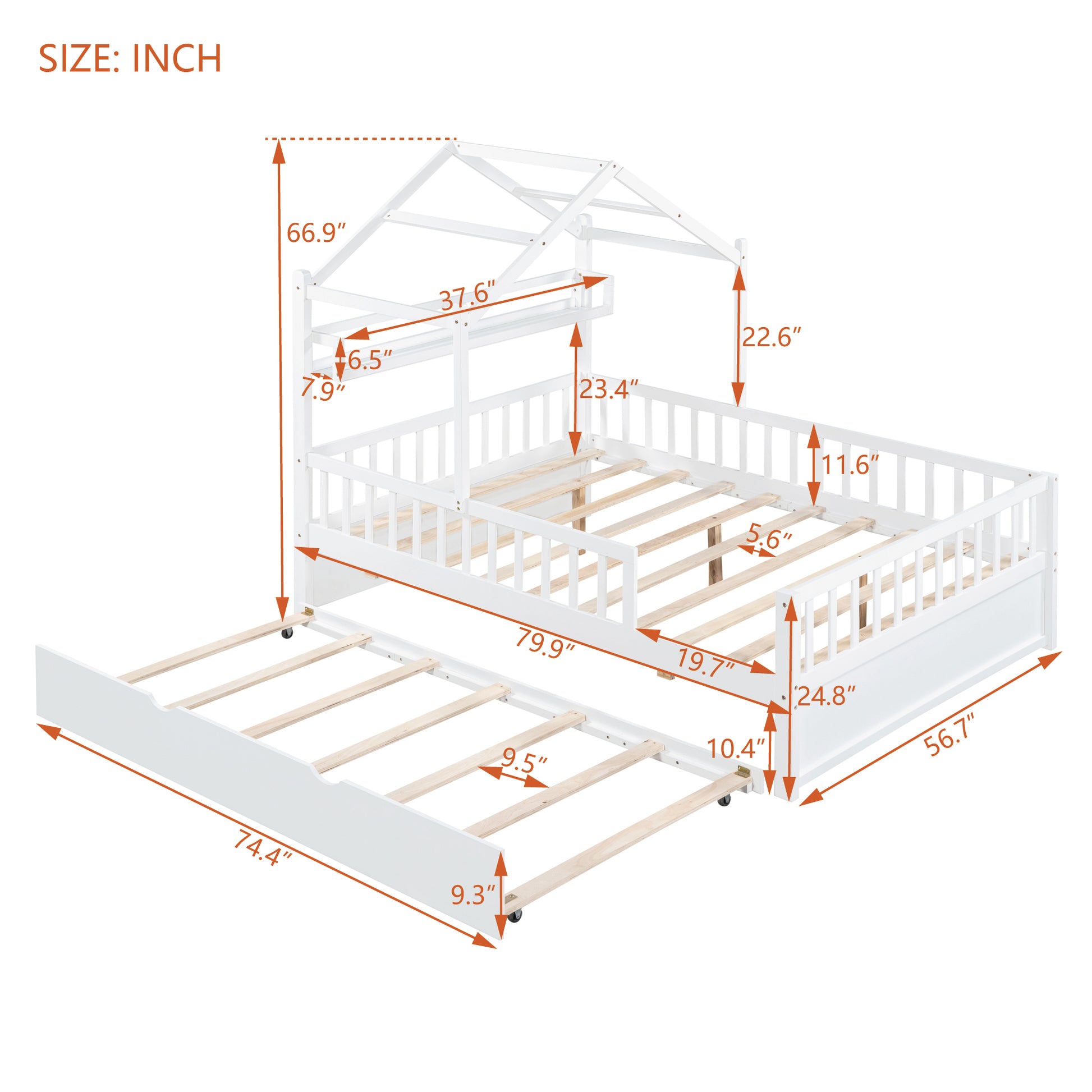 Wooden Full Size House Bed With Twin Size Trundle,Kids Bed With Shelf,White White Wood