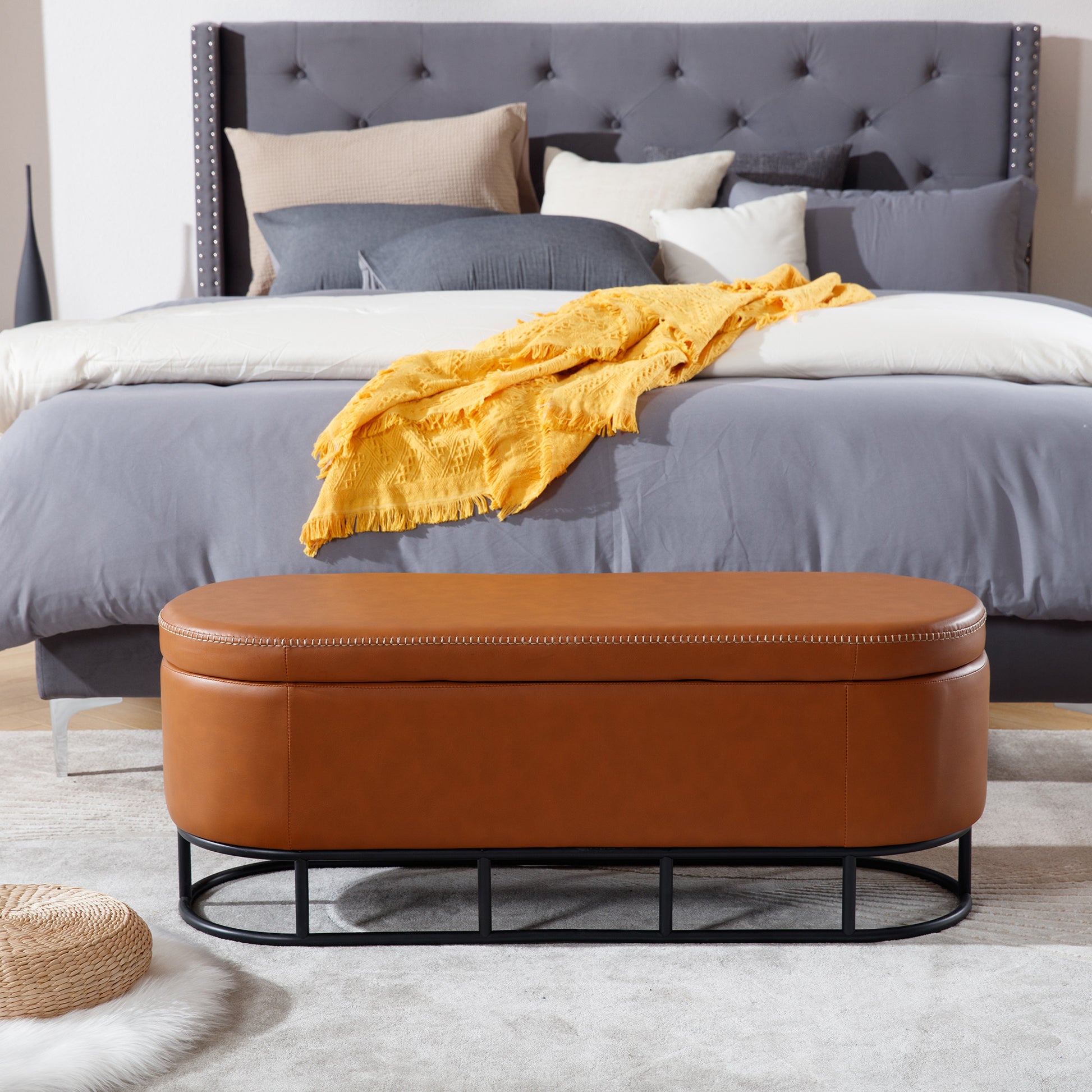 Oval Storage Bench For Living Room Bedroom End Of Bed,Upholstered Storage Ottoman Entryway Bench With Metal Legs,Brown Brown Primary Living Space Modern Metal Internal Storage Foam Pu Leather