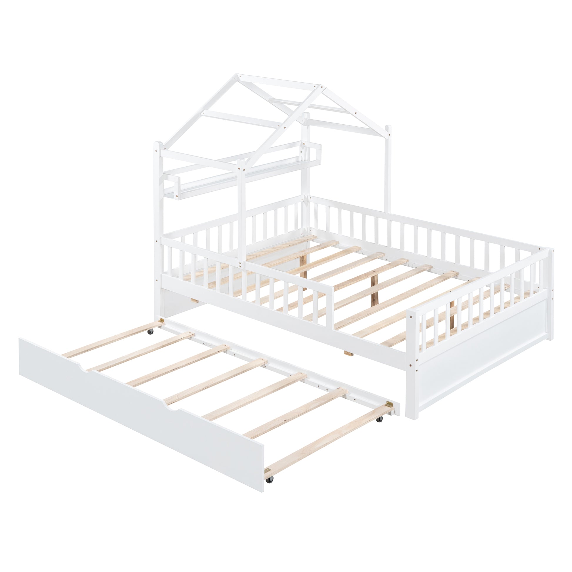 Wooden Full Size House Bed With Twin Size Trundle,Kids Bed With Shelf,White White Wood